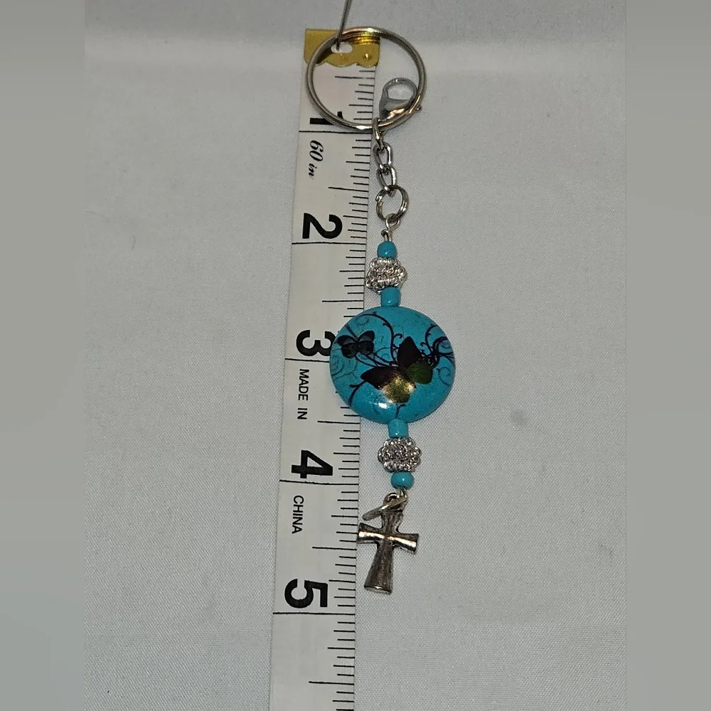 Handmade Turquoise Butterfly & Cross Keychain Charm